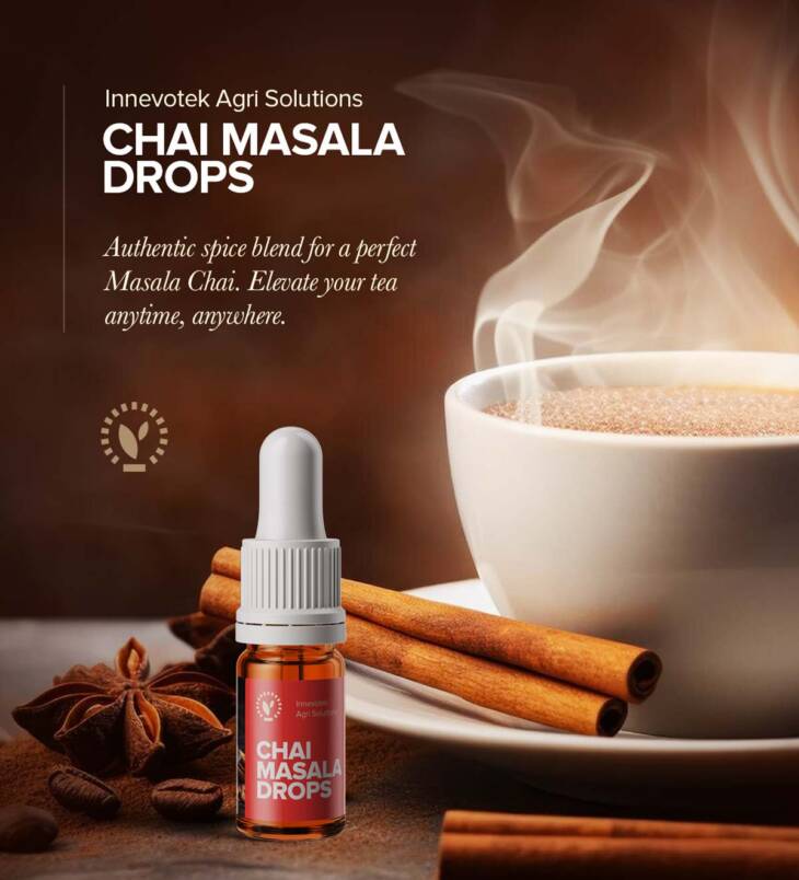 A bottle of Chai Masala Drops with aromatic Indian spices, perfect for enhancing tea flavor.