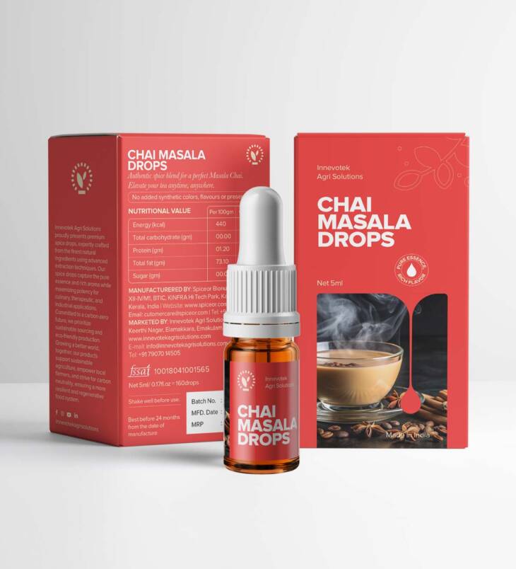 A bottle of Chai Masala Drops with aromatic Indian spices, perfect for enhancing tea flavor.